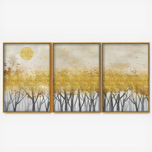 Abstract Forest Golden Leaf Art Premium Floating Canvas Wall Painting Set of Three