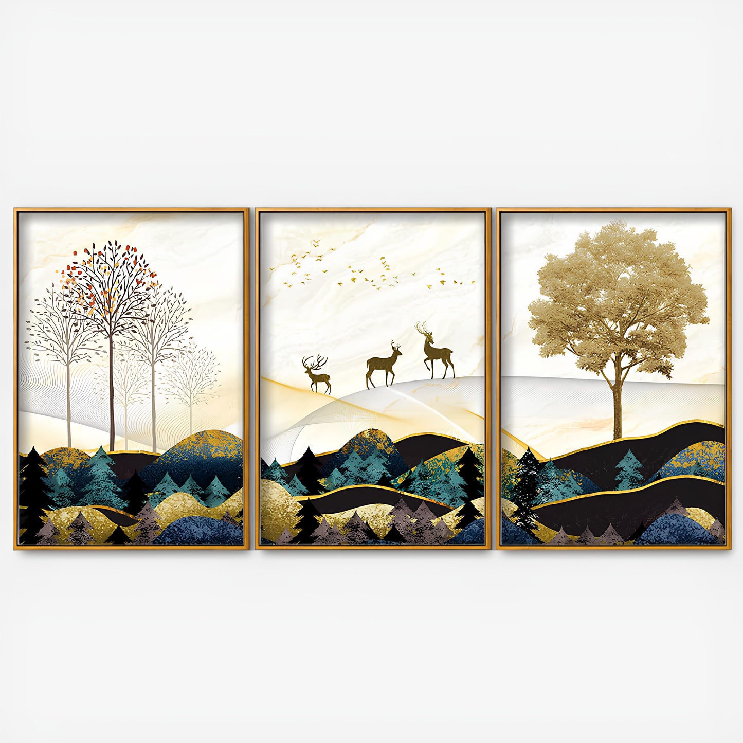 Abstract Golden Landscape Trees with Golden Deer Floating Canvas Wall Painting Set of Three