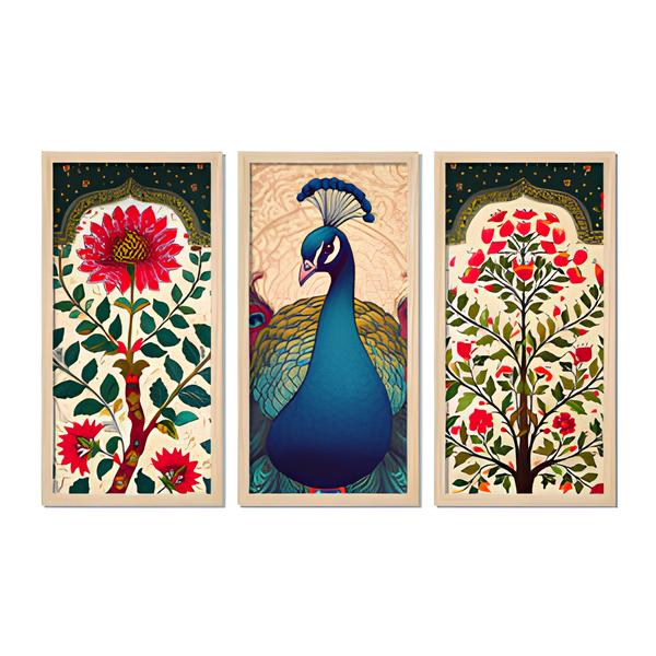 Abstract Modern Floral Peacock Art Wooden Wall Frame Set of Three