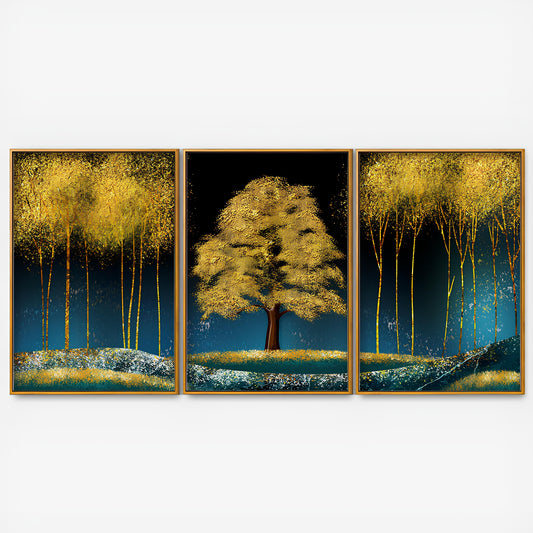 Beautiful Blue Sky and Golden Tree Floating Canvas Wall Painting Set of Three