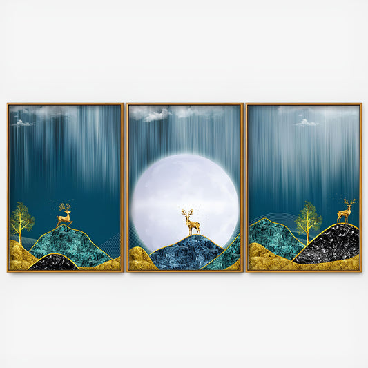 Beautiful Golden Mountains and Deer with Moon Floating Canvas Wall Painting Set of Three