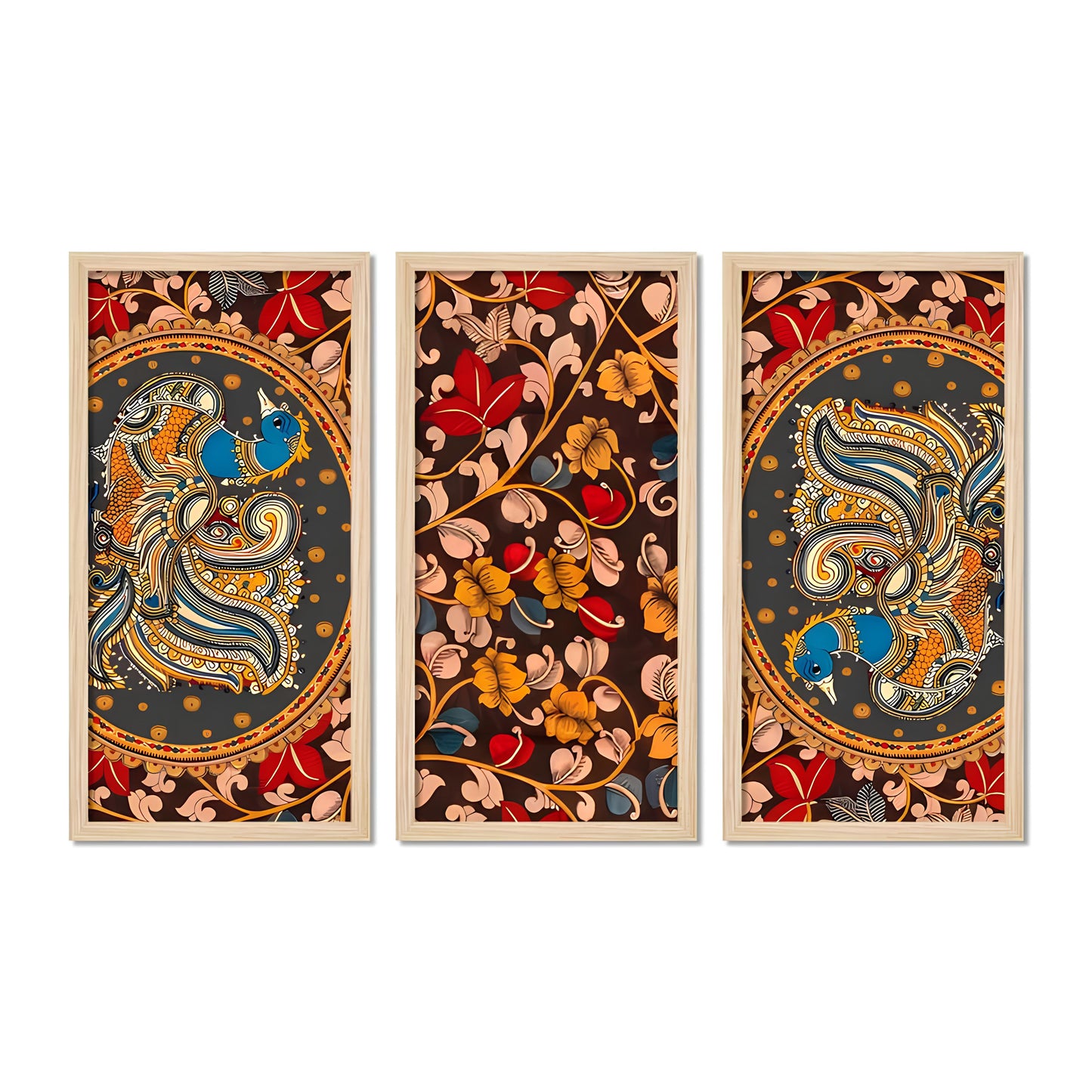 Beautiful Kalamkari Floral Art Wooden Wall Frame Set of Three