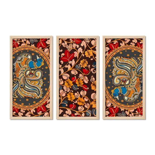 Beautiful Kalamkari Floral Art Wooden Wall Frame Set of Three