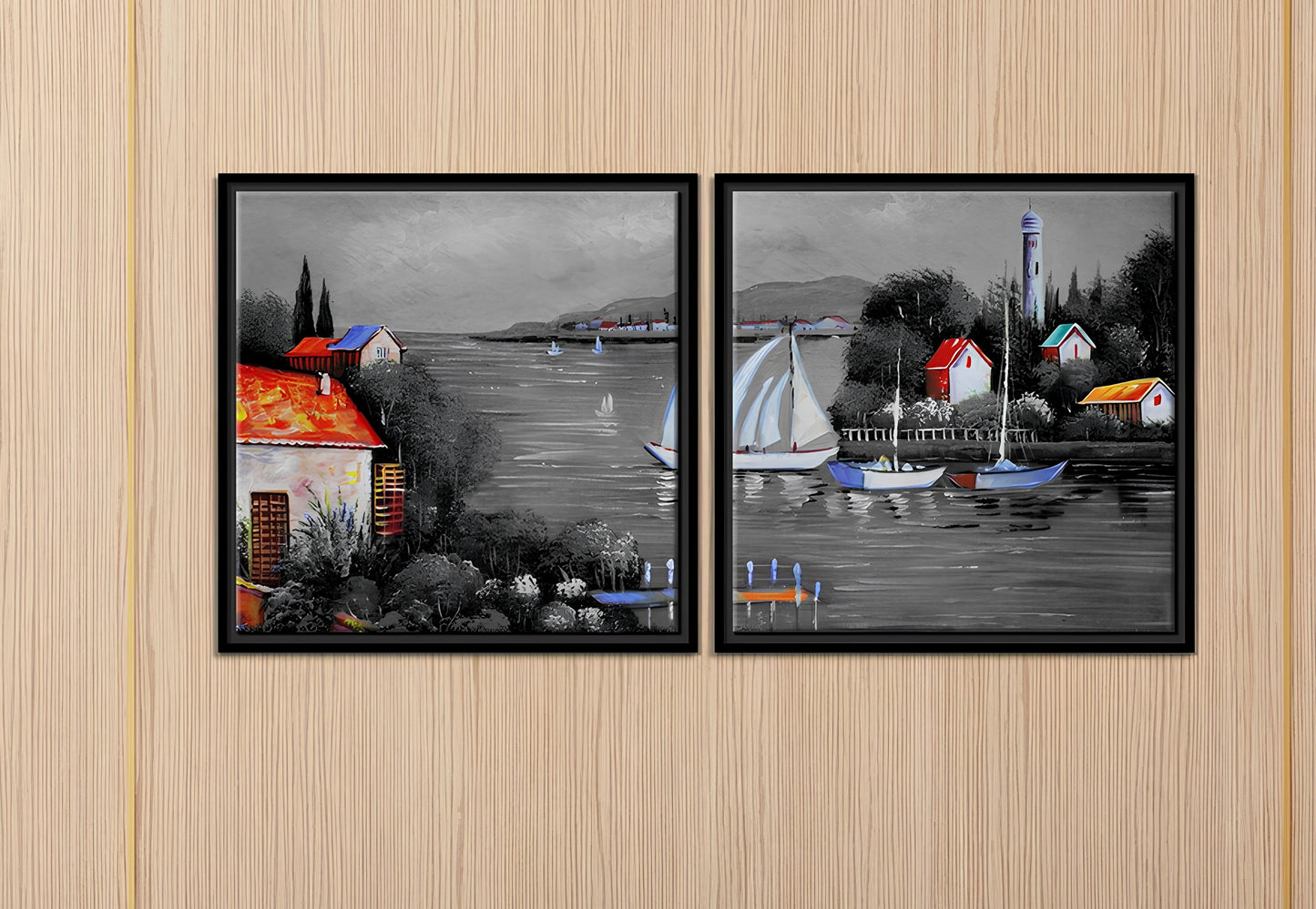 Beautiful Lake View Scenery Wall Painting of 2 Pieces Floating Frame