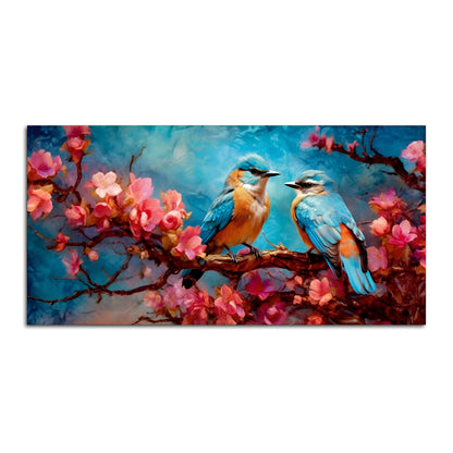 Beautiful Love Birds on a Branch with Pink Flowers Canvas Wall Painting