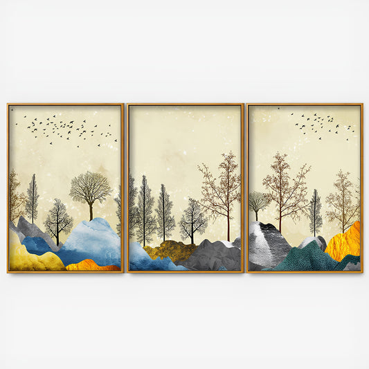 Beautiful Mountain Landscape with Trees Premium Floating Canvas Wall Painting Set of Three