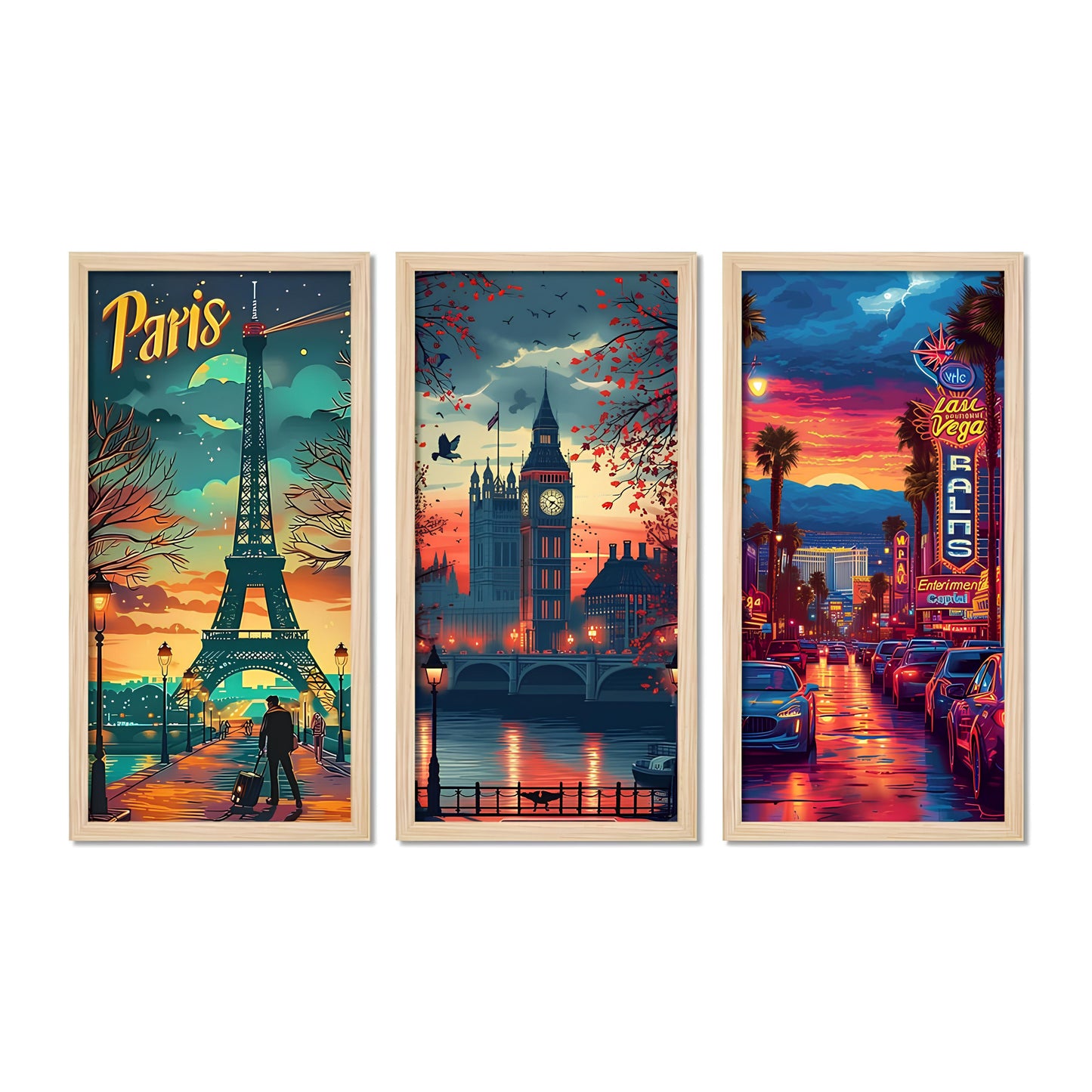 Beautiful View of Paris City View Wooden Wall Frame Set of Three