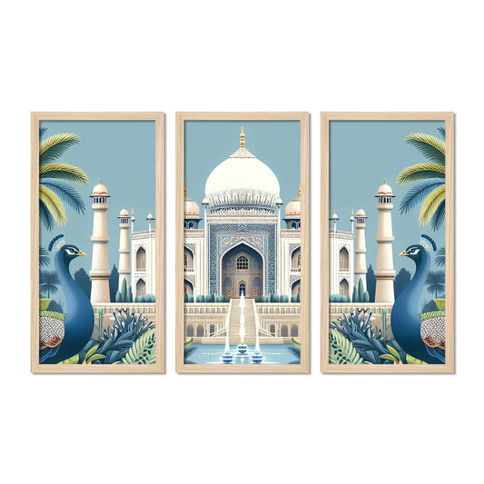 Beautiful View of Taj Mahal Classic Art Wooden Wall Frame Set of Three