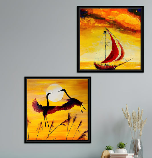 Boat & Cranes Sunset Wall Painting 2 Pieces Floating Frame