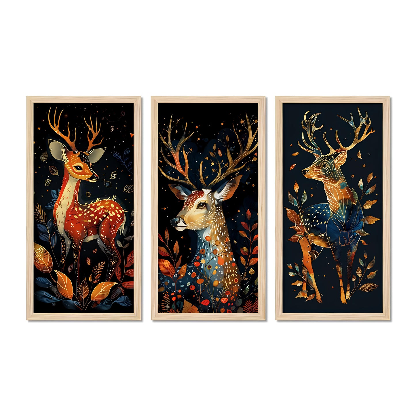 Brightly Colored Deer with Floral Pattern Wooden Wall Frame Set of Three