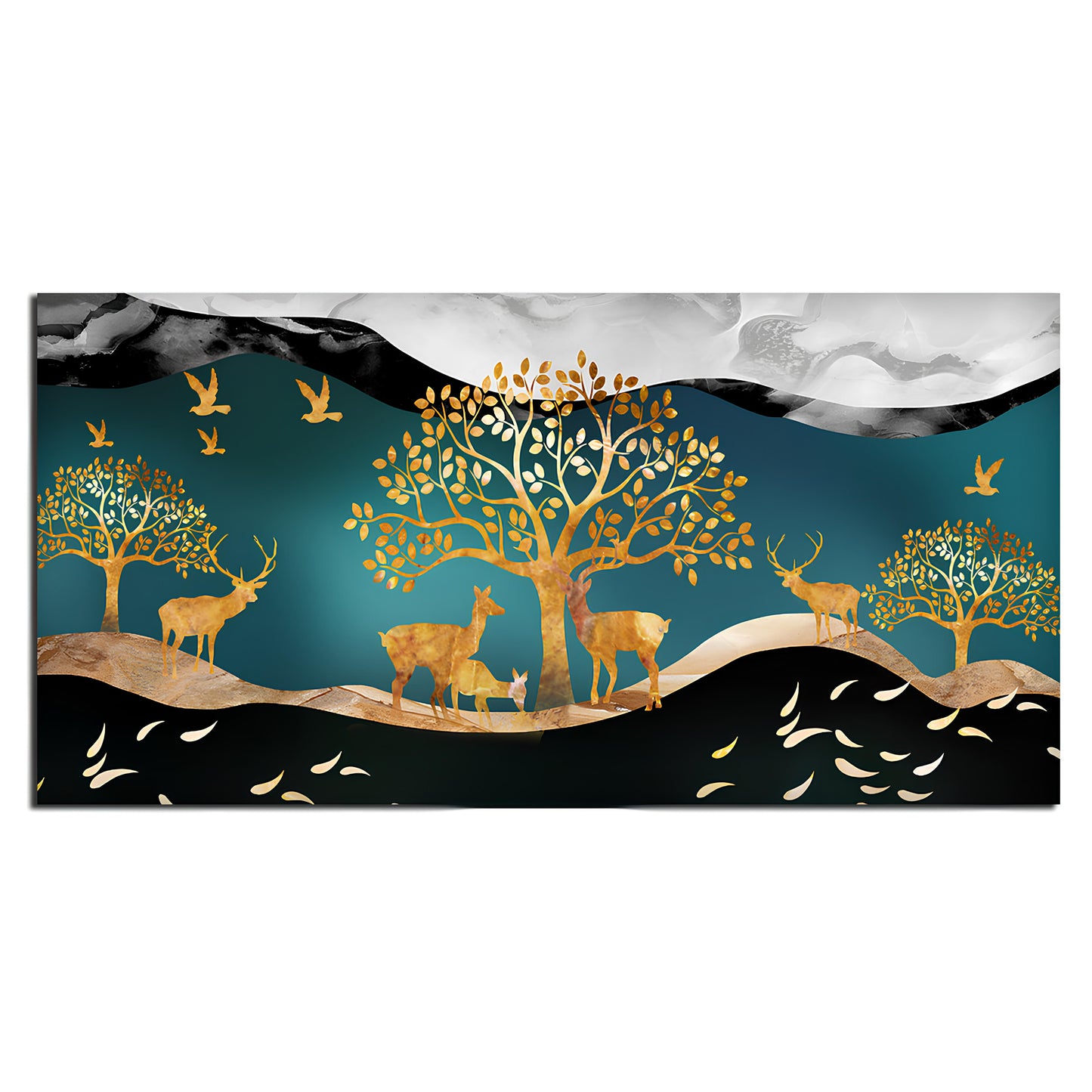 Canvas Wall Painting of Golden Trees With Birds And Deer