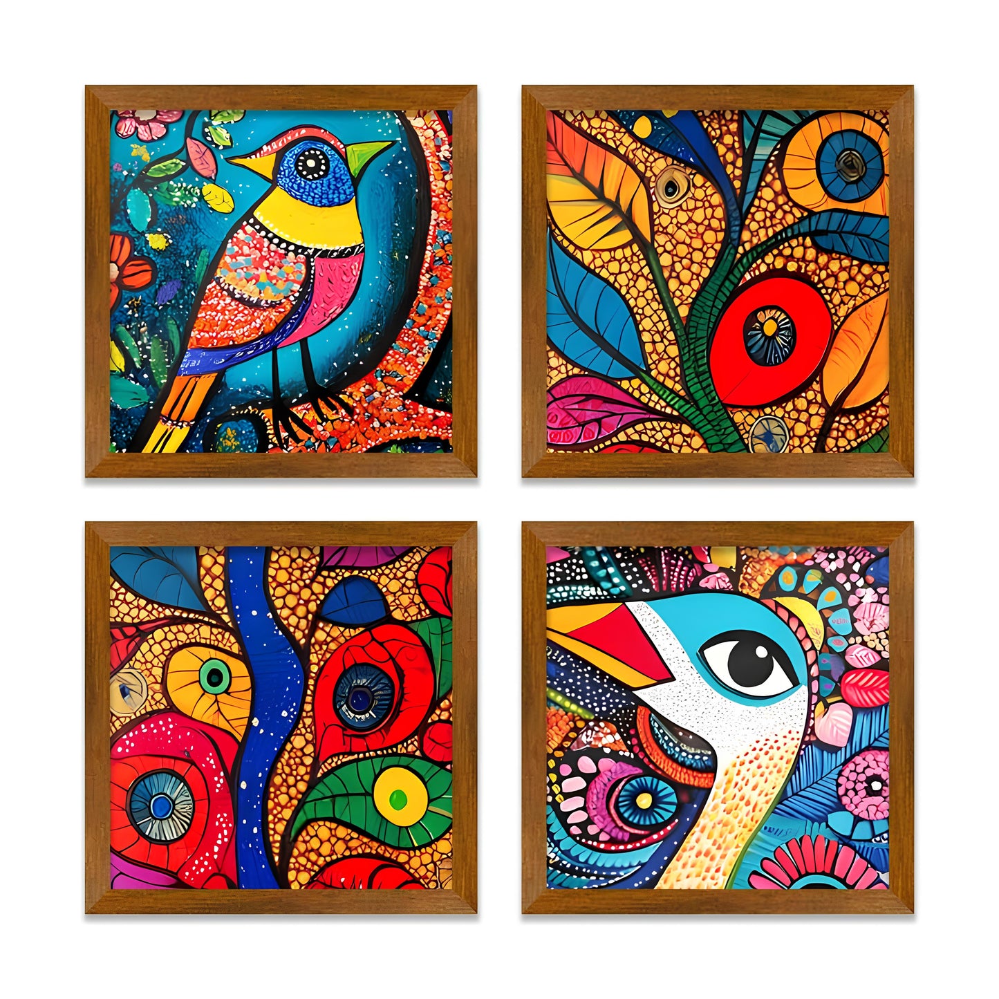 Colorful Bird and Pattern Wall Frame Set of Four