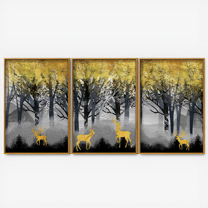 Golden Deers in Dark Forest Premium Floating Canvas Wall Painting Set of Three