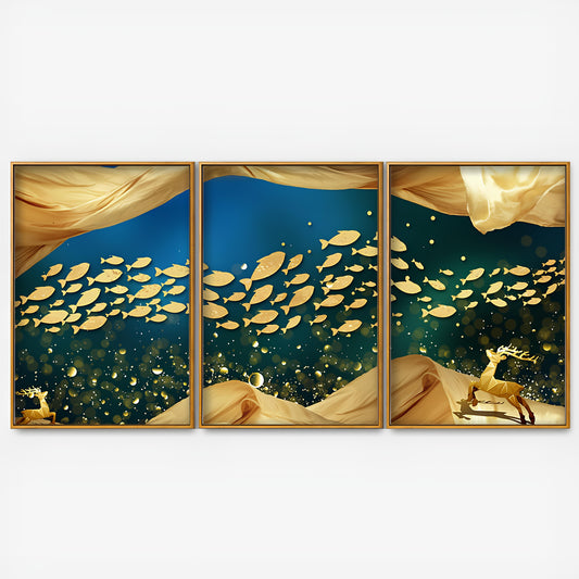 Golden Fishes in the Ocean Premium Floating Canvas Wall Painting Set of Three