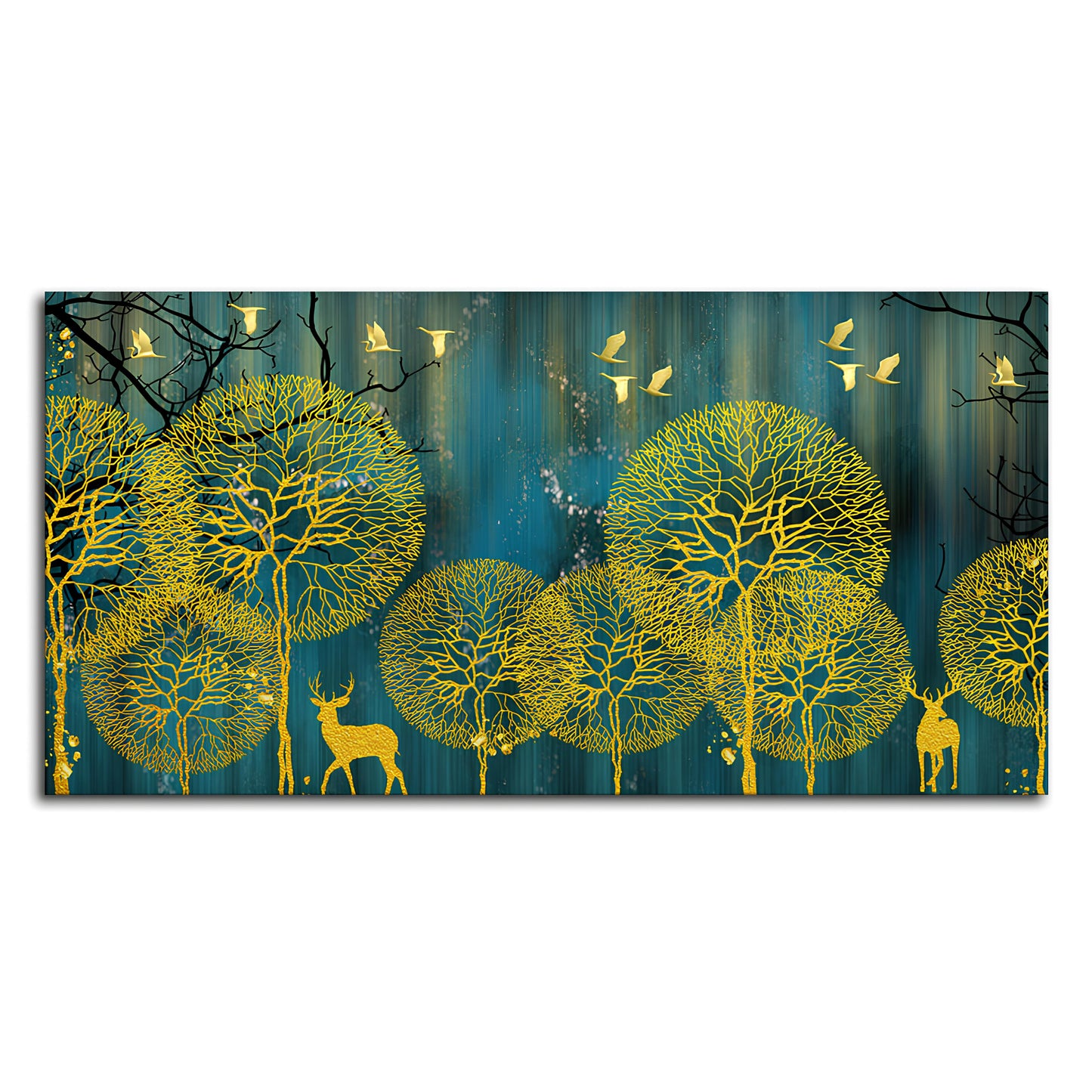 Golden Nightscape with Deers and Golden birds Canvas Wall Painting