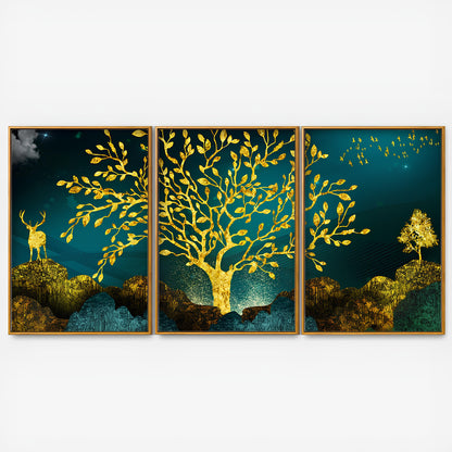 Golden Trees and Deer with Hills Premium Floating Canvas Wall Painting Set of Three