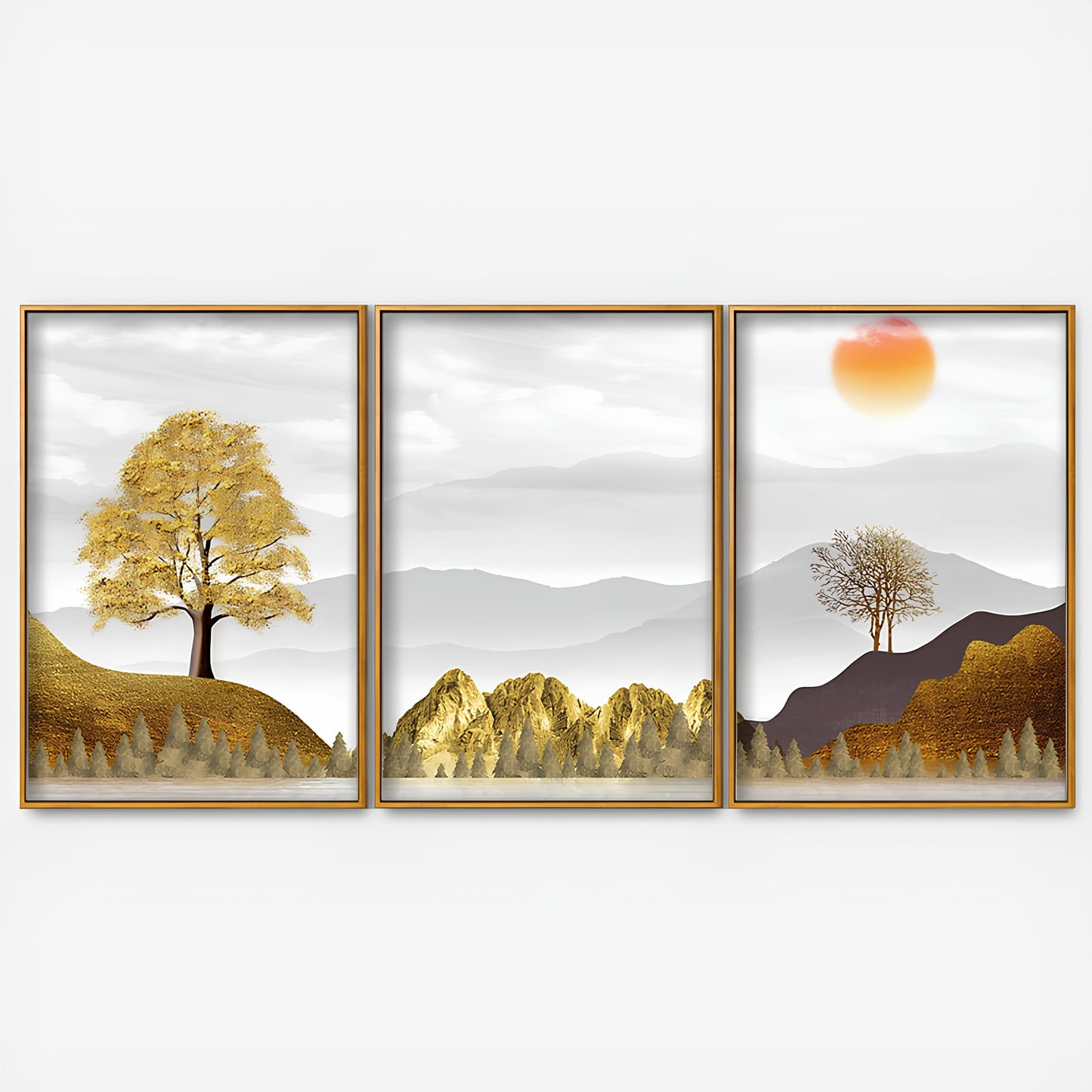 Golden Trees with Beautiful Sunrise Premium Floating Canvas Wall Painting Set of Three