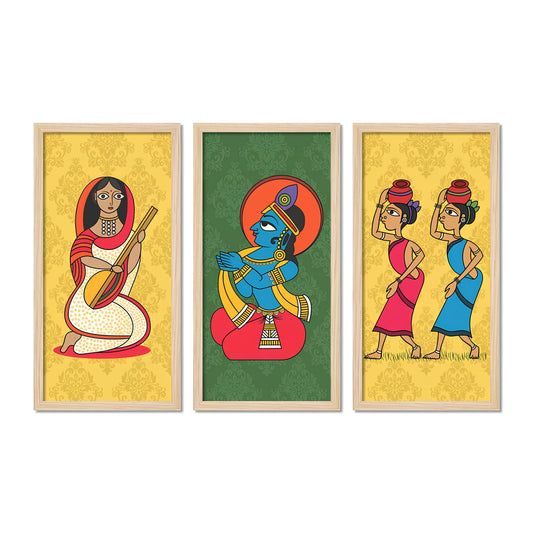 Lord Krishna Life Artistic Art Wall Frame Set of Three