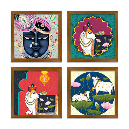 Lord Shrinathji Pichwai Cow Wooden Wall Frame Set of Four