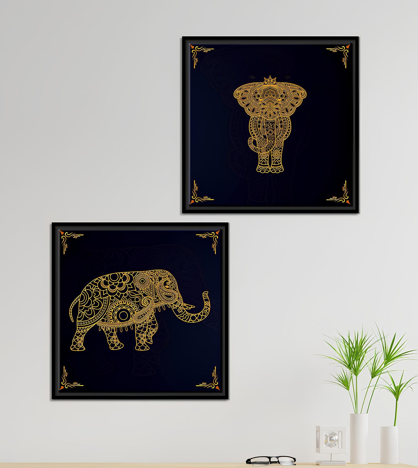 Madhubani Art Elephant Canvas Wall Painting of Two Pieces Floating Frame