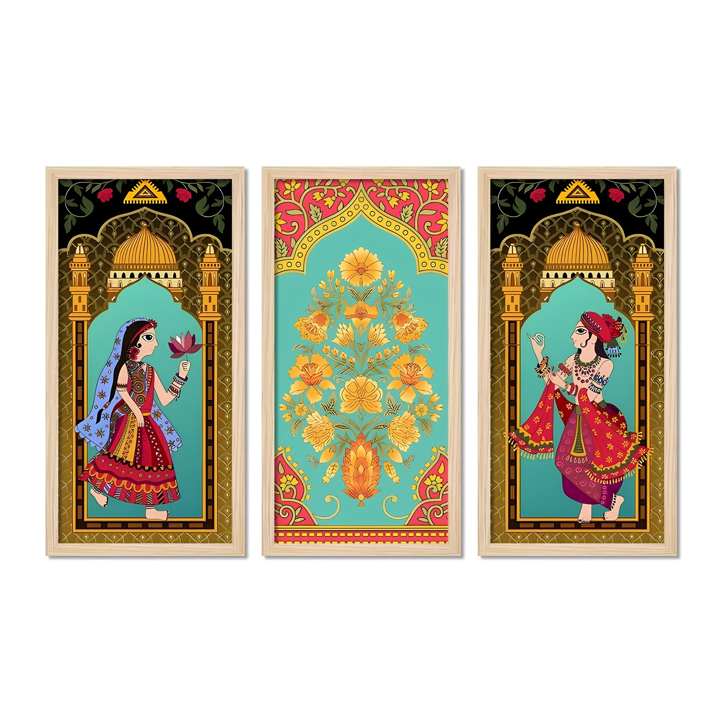 Madhubani Decorative Welcome Home Art Wooden Wall Frame Set of Three