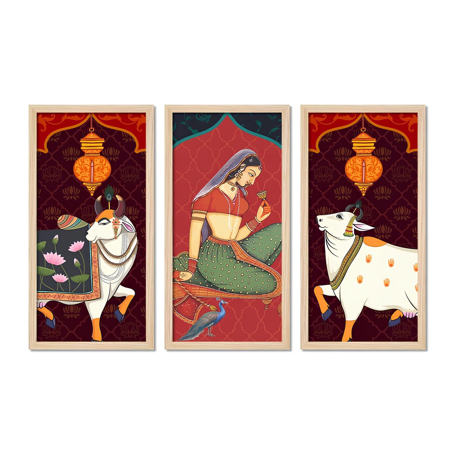 Madhubani Pichwai Cow Art Wooden Wall Frame Set of Three