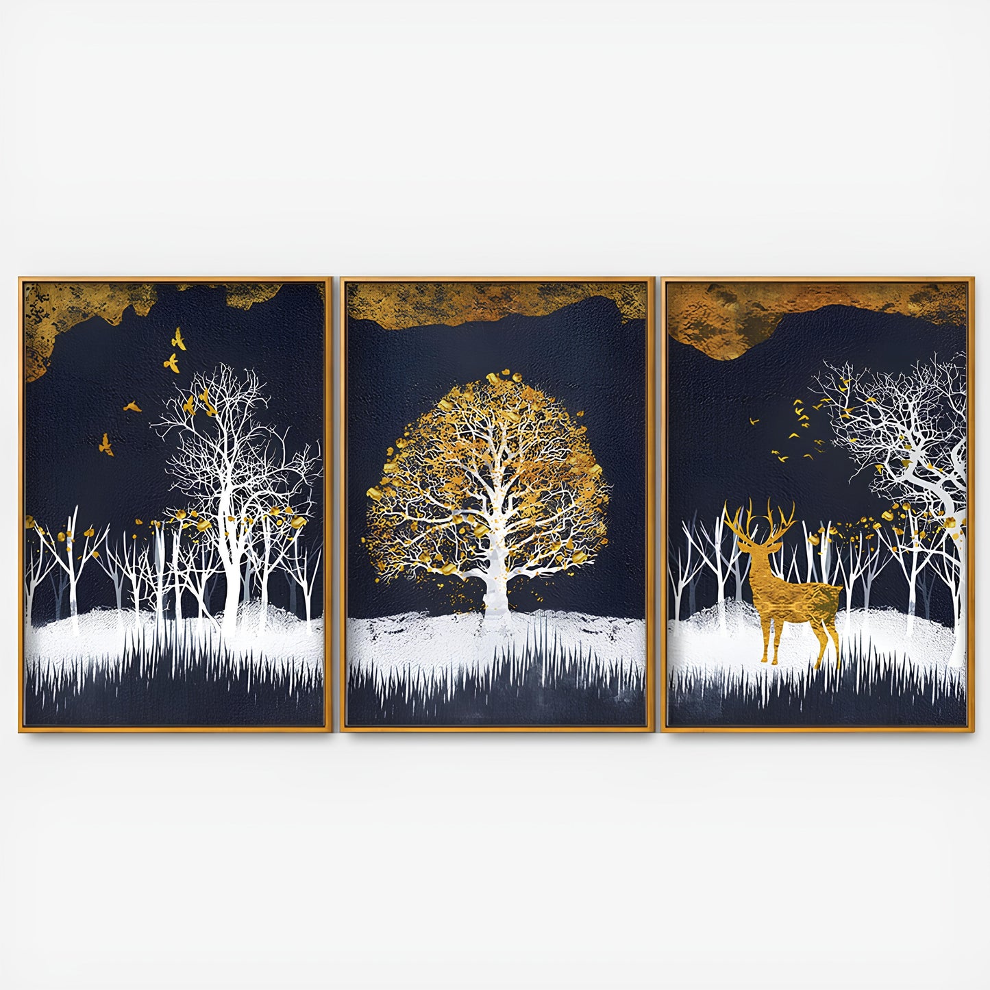 Midnight Golden Deer With Birds Scenery Premium Floating Canvas Wall Painting Set of Three