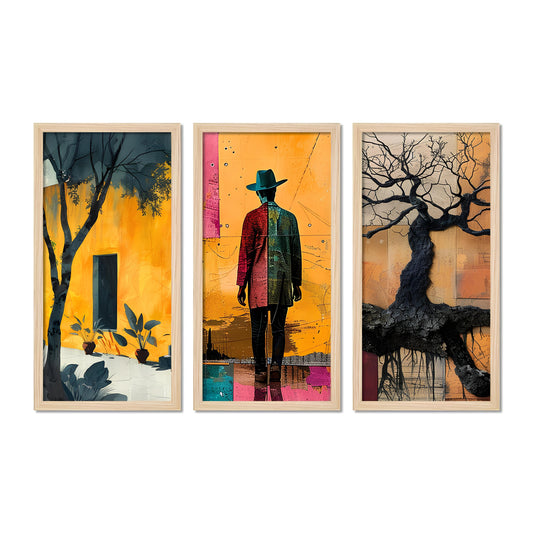 Modern Colorful Artistic Art Wooden Wall Frame Set of Three