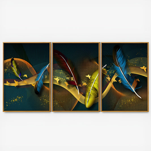 Modern Feathers and Butterflies Premium Floating Canvas Wall Painting Set of Three