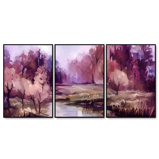 Purple Lake in Forest Premium Floating Wall Painting Set of Three