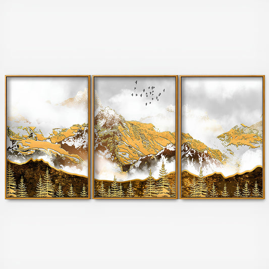 Smoke Cloud Golden Mountain Peak Floating Canvas Wall Painting Set of Three