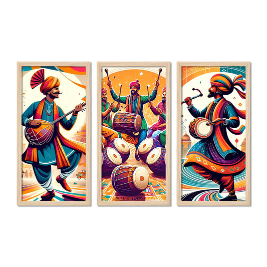 Traditional Indian Culture Lohri Festival Art Wooden Wall Frame Set of Three