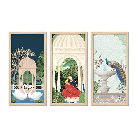 Traditional Mughal Garden View Wooden Wall Frame Set of Three-2