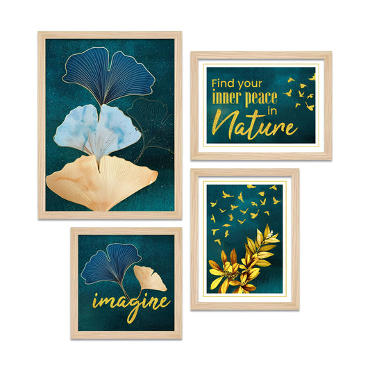 Turquoise Ginkgo Leaf Nature Art Wall Frame Set of Four