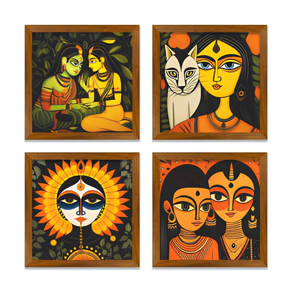 Women Kalighat Art Wall Frame Set of Four