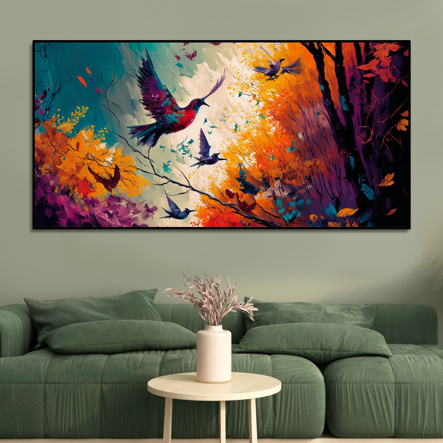 Abstract Art of Forest Landscape with Birds Canvas Wall Painting