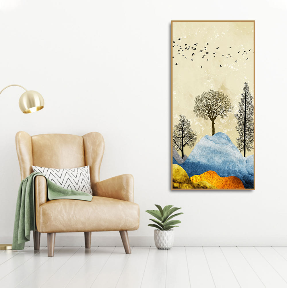 Beautiful Mountain Landscape with Trees and Birds Canvas Wall painting