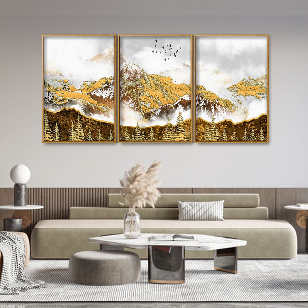 Smoke Cloud Golden Mountain Peak Floating Canvas Wall Painting Set of Three